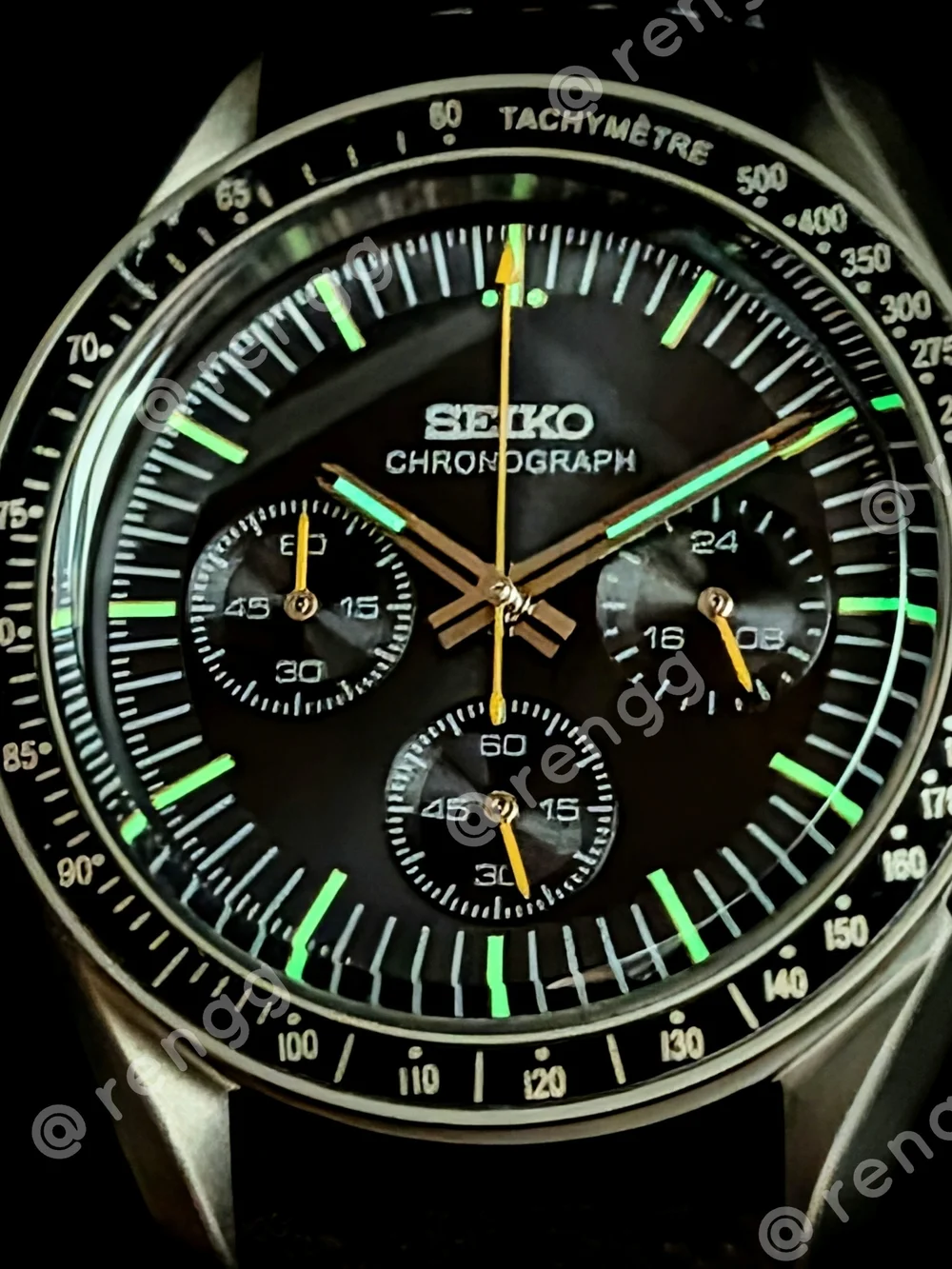 40mm Titanium Seiko Chronograph Black Dial Mod Watch with Brown Strap